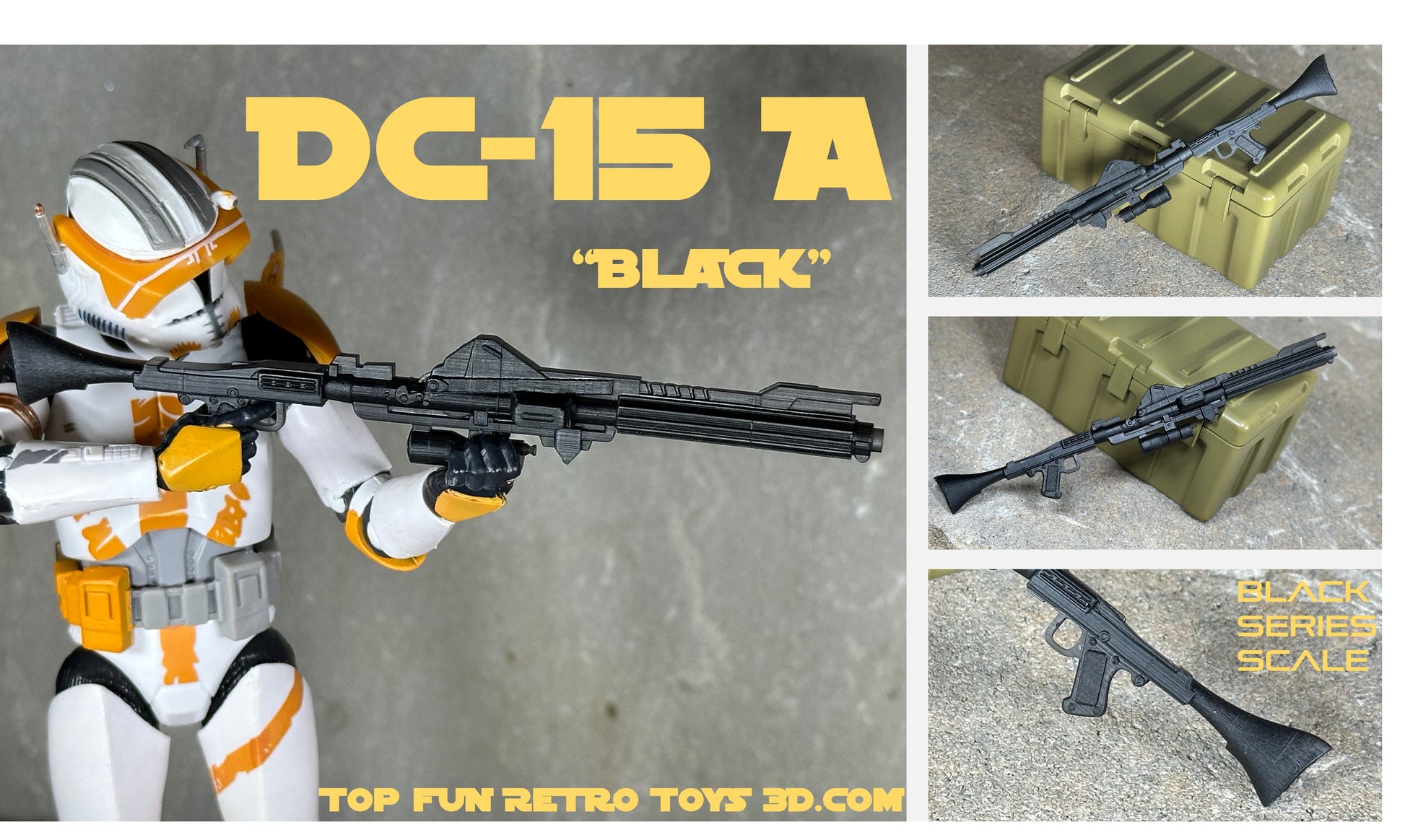 star wars black series custom accessories, custom star wars accessories, star wars black series weapon, star wars black series gun, blaster, 1 : 12 scale, custom toy weapons, custom, action figure, gun, e-11, e11, storm trooper blaster, rebel blaster, DH-17, boba fett blaster, ee3, ee-3, ESB, ROTJ, clone blaster, DC15, DC-15, DC-15a, heavy blaster, laser effect, blast effect, bolt, laser, light