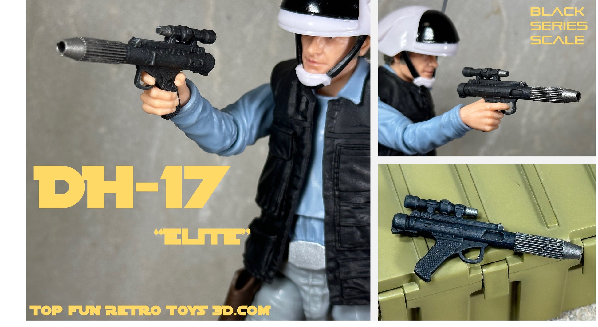 
star wars black series custom accessories, custom star wars accessories, star wars black series weapon, star wars black series gun, blaster, 1 : 12 scale, custom toy weapons, custom, action figure, gun, e-11, e11, storm trooper blaster, rebel blaster, DH-17, boba fett blaster, ee3, ee-3, ESB, ROTJ, clone blaster, DC15, DC-15, DC-15a, heavy blaster, laser effect, blast effect, bolt, laser, light, 
