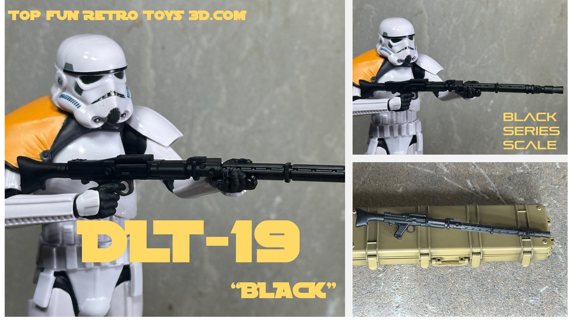 star wars black series custom accessories, custom star wars accessories, star wars black series weapon, star wars black series gun, blaster, 1 : 12 scale, custom toy weapons, custom, action figure, gun, e-11, e11, storm trooper blaster, rebel blaster, DH-17, boba fett blaster, ee3, ee-3, ESB, ROTJ, clone blaster, DC15, DC-15, DC-15a, heavy blaster, laser effect, blast effect, bolt, laser, light, DLT-19,