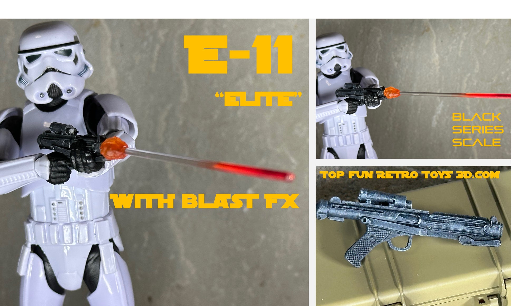 star wars black series custom accessories, custom star wars accessories, star wars black series weapon, star wars black series gun, blaster, 1 : 12 scale, custom toy weapons, custom, action figure, gun, e-11, e11, storm trooper blaster, rebel blaster, DH-17, boba fett blaster, ee3, ee-3, ESB, ROTJ, clone blaster, DC15, DC-15, DC-15a, heavy blaster, laser effect, blast effect, bolt, laser, light, 