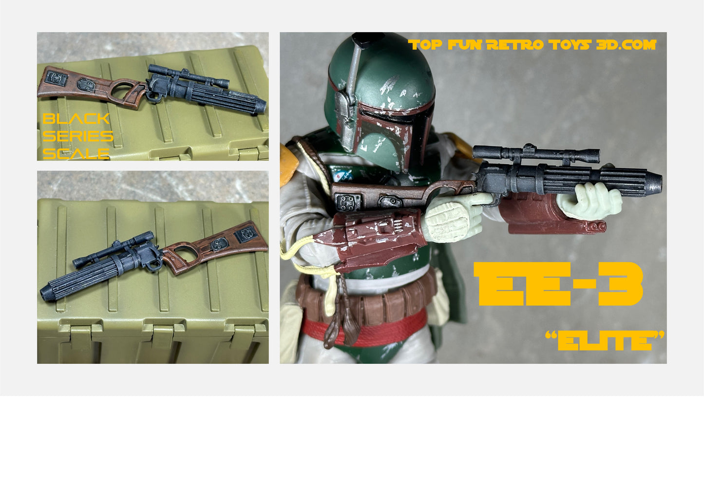 star wars black series custom accessories, custom star wars accessories, star wars black series weapon, star wars black series gun, blaster, 1 : 12 scale, custom toy weapons, custom, action figure, gun, e-11, e11, storm trooper blaster, rebel blaster, DH-17, boba fett blaster, ee3, ee-3, ESB, ROTJ, clone blaster, DC15, DC-15, DC-15a, heavy blaster, laser effect, blast effect, bolt, laser, light