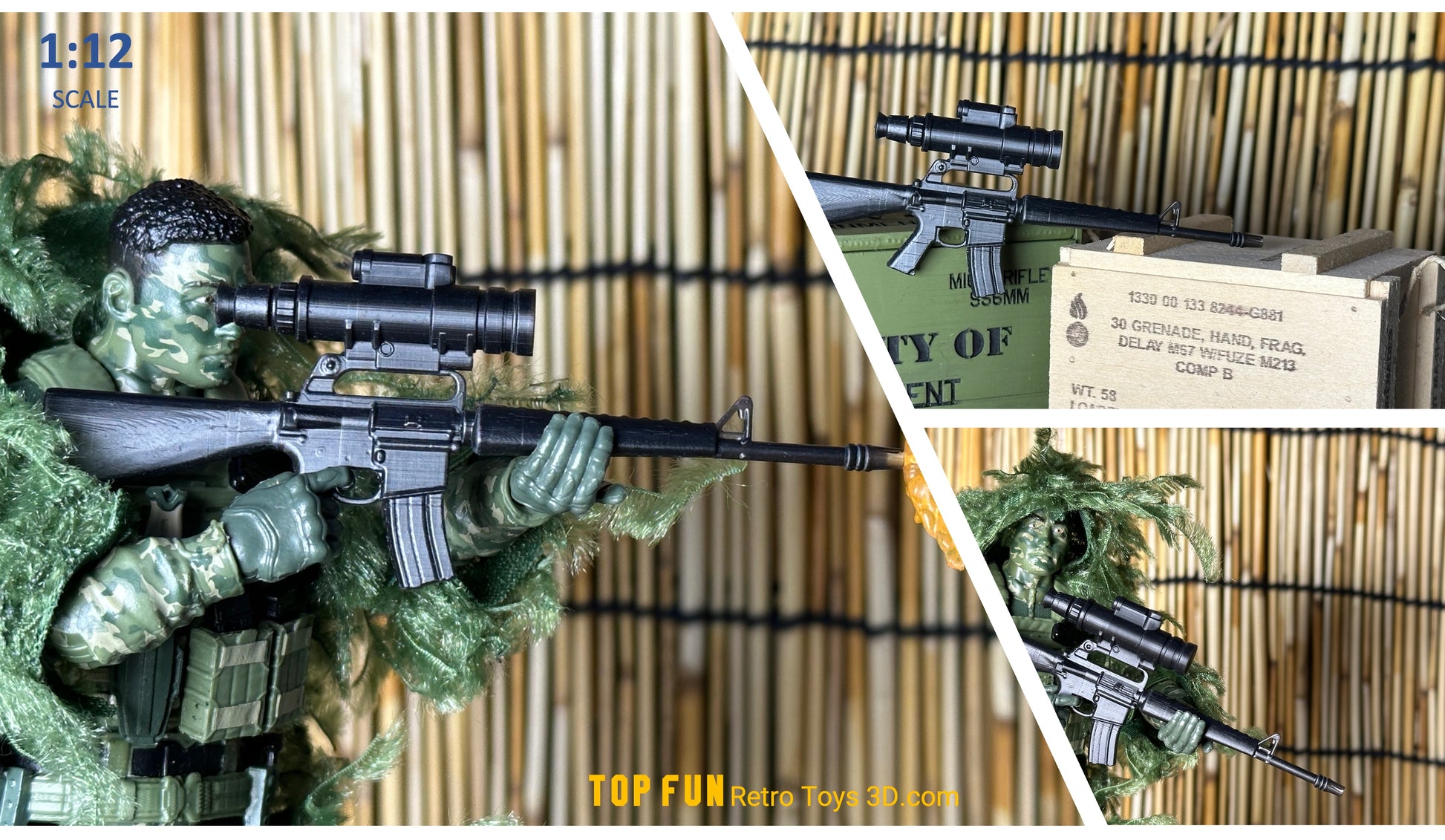 1:12 Scale M16A1 & XM177E2 Weapons with M203, ANPVS-2 & OEG for GI Joe Classified
Custom 1:12 M16A1 XM177E2 GI Joe Classified – M203 + Starlight Scope + Colt 3x
Period Correct 1/12 Scale M16A1 / XM177E2 Rifles & Accessories – 3D Printed GI Joe

Shop authentic 1:12 scale M16A1 and XM177E2 rifles for GI Joe Classified – fully 3D printed with period-correct M203 grenade launcher, ANPVS-2 Starlight Scope, OEG sight & Colt 3x optics. Custom painted MIL SPEC options. Perfect Vietnam-era loadouts! Free US shipping