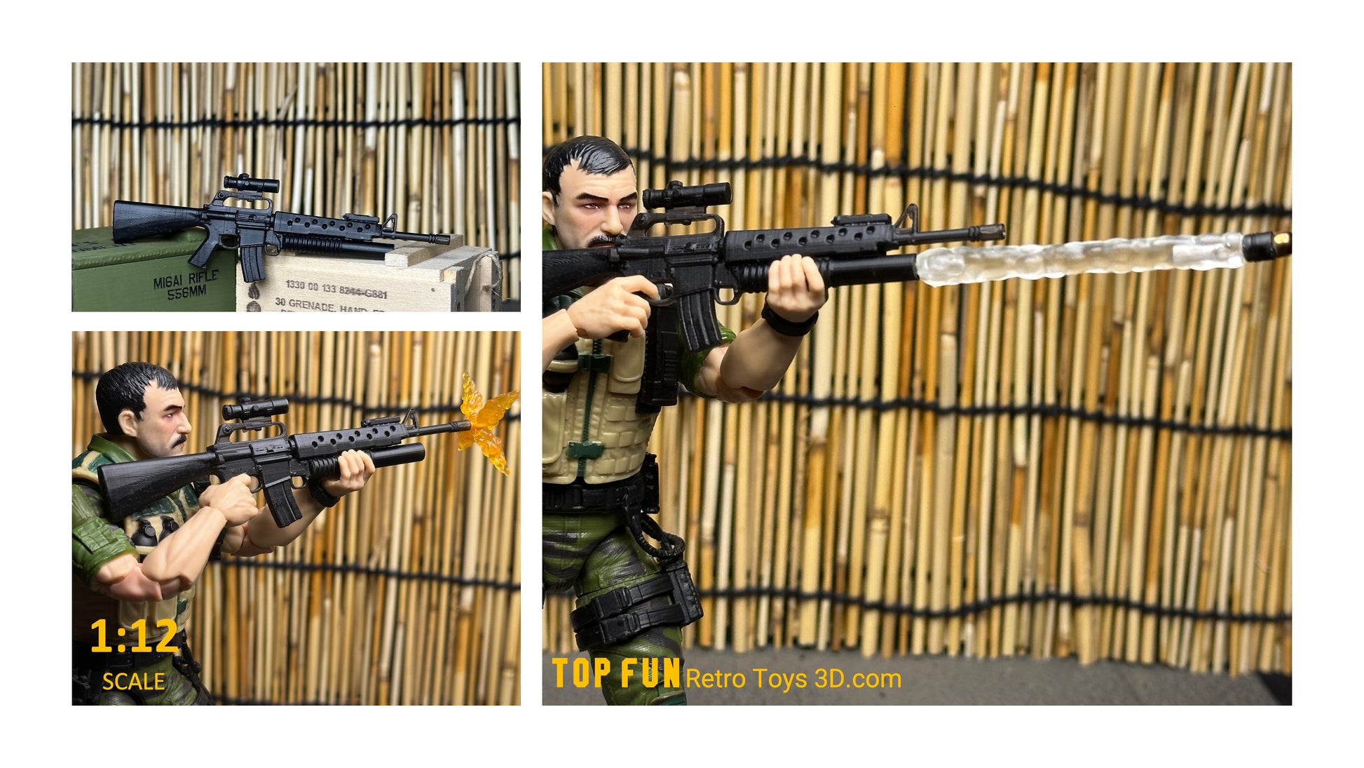 1:12 Scale M16A1 & XM177E2 Weapons with M203, ANPVS-2 & OEG for GI Joe Classified
Custom 1:12 M16A1 XM177E2 GI Joe Classified – M203 + Starlight Scope + Colt 3x
Period Correct 1/12 Scale M16A1 / XM177E2 Rifles & Accessories – 3D Printed GI Joe

Shop authentic 1:12 scale M16A1 and XM177E2 rifles for GI Joe Classified – fully 3D printed with period-correct M203 grenade launcher, ANPVS-2 Starlight Scope, OEG sight & Colt 3x optics. Custom painted MIL SPEC options. Perfect Vietnam-era loadouts! Free US shipping