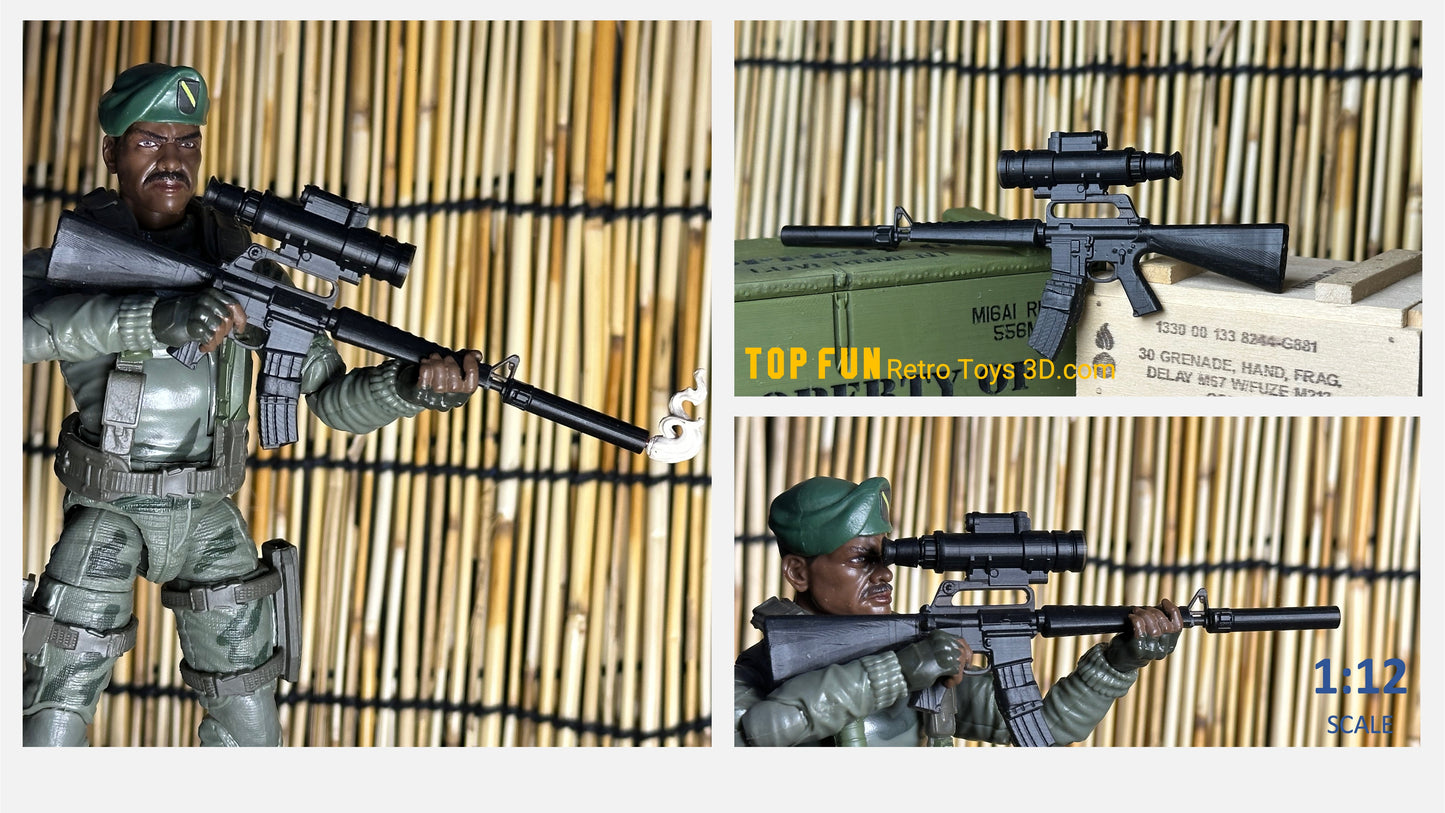 1:12 Scale M16A1 & XM177E2 Weapons with M203, ANPVS-2 & OEG for GI Joe Classified
Custom 1:12 M16A1 XM177E2 GI Joe Classified – M203 + Starlight Scope + Colt 3x
Period Correct 1/12 Scale M16A1 / XM177E2 Rifles & Accessories – 3D Printed GI Joe

Shop authentic 1:12 scale M16A1 and XM177E2 rifles for GI Joe Classified – fully 3D printed with period-correct M203 grenade launcher, ANPVS-2 Starlight Scope, OEG sight & Colt 3x optics. Custom painted MIL SPEC options. Perfect Vietnam-era loadouts! Free US shipping