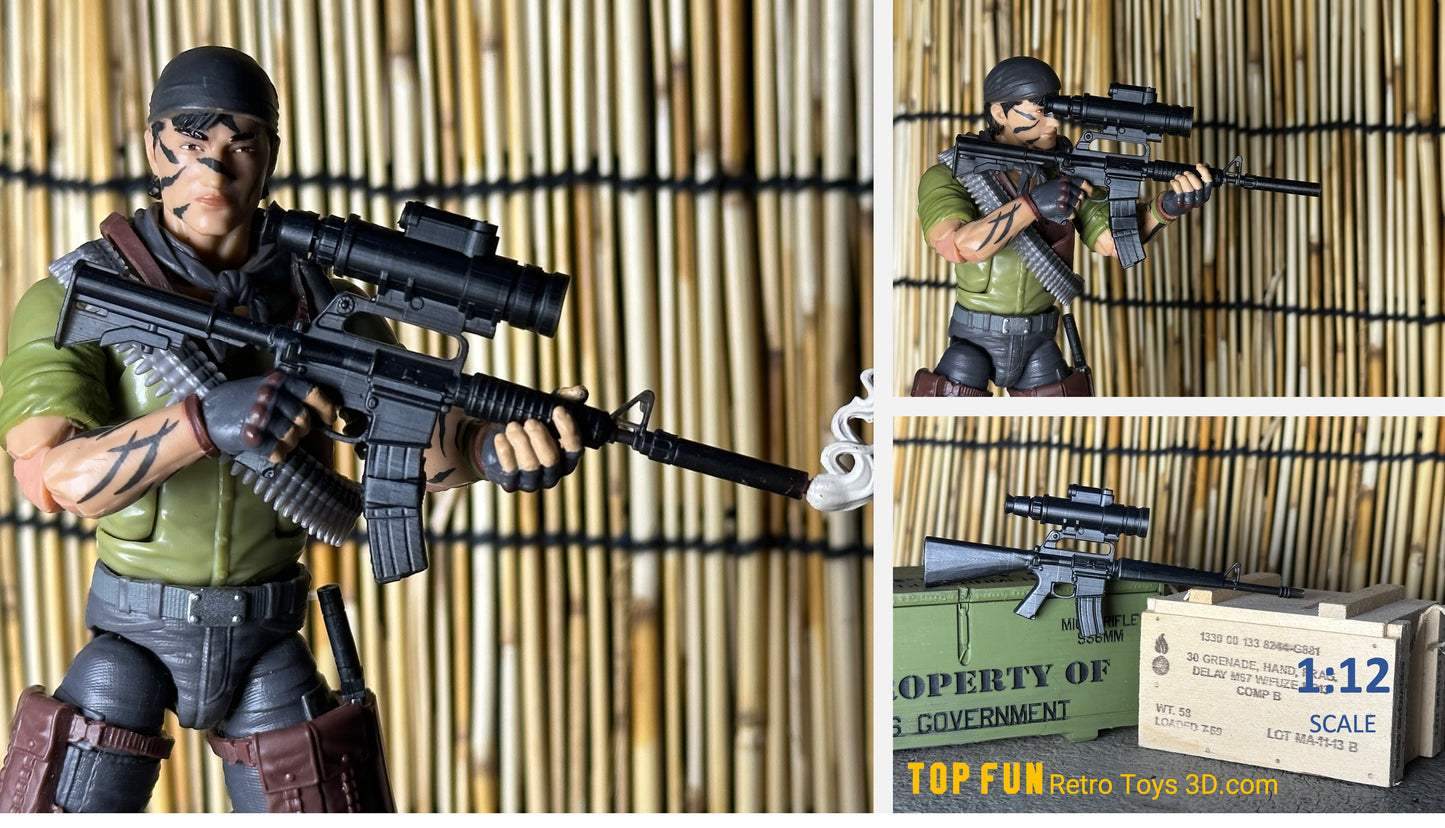 1:12 Scale M16A1 & XM177E2 Weapons with M203, ANPVS-2 & OEG for GI Joe Classified
Custom 1:12 M16A1 XM177E2 GI Joe Classified – M203 + Starlight Scope + Colt 3x
Period Correct 1/12 Scale M16A1 / XM177E2 Rifles & Accessories – 3D Printed GI Joe

Shop authentic 1:12 scale M16A1 and XM177E2 rifles for GI Joe Classified – fully 3D printed with period-correct M203 grenade launcher, ANPVS-2 Starlight Scope, OEG sight & Colt 3x optics. Custom painted MIL SPEC options. Perfect Vietnam-era loadouts! Free US shipping