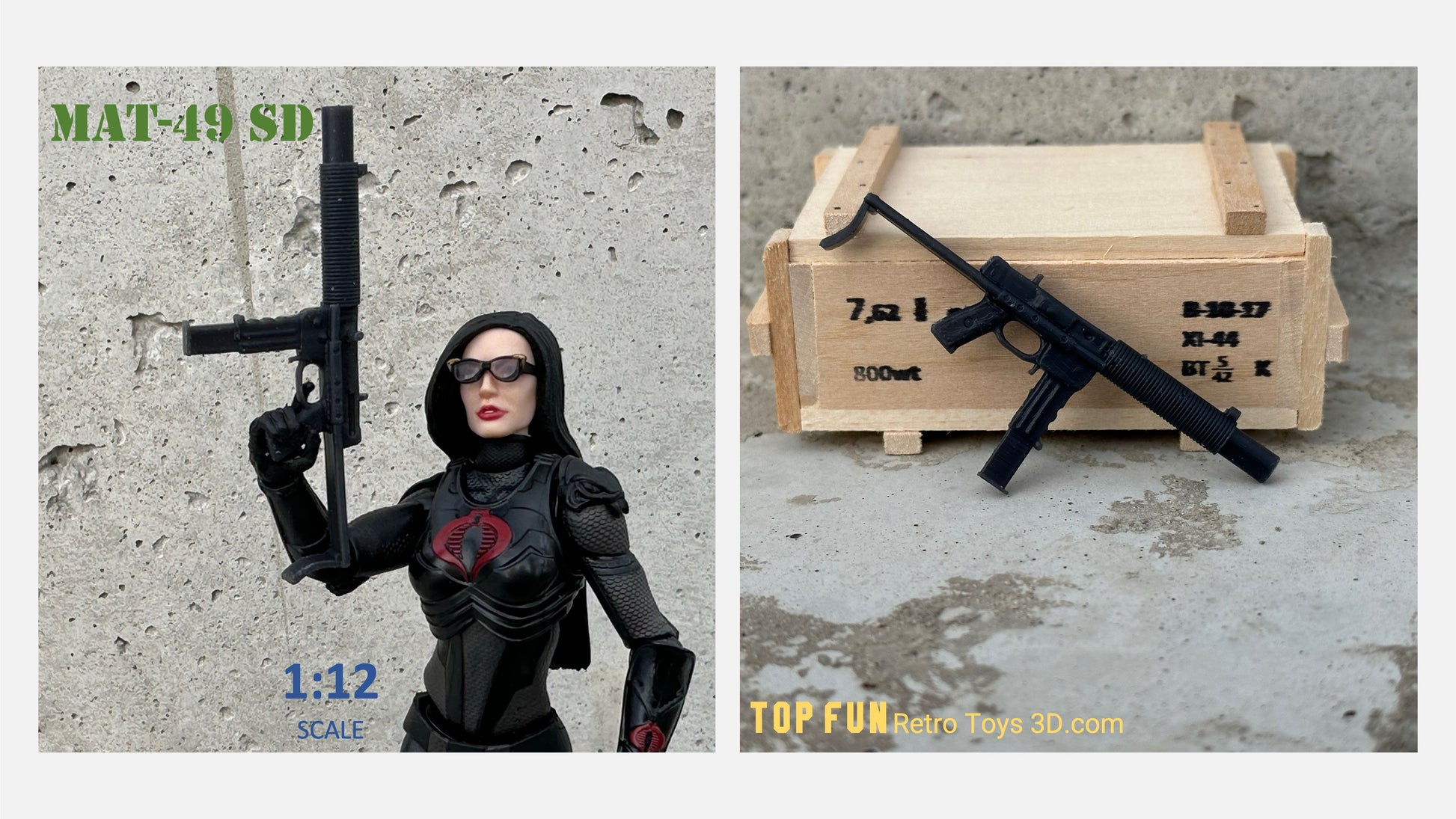 gi Joe classified, gi joe classified series, gi joe gun, valaverse action force, star wars black series, 1:12 scale, 1/12, gun, weapon, Marvel Legends, Gridiron, Gridiron studios, Cobra, firefly, fire fly, fire, fly, retro MAT, 49, MAT 49, MAT-49, suppressor, optics, submachinegun, sub, machine, gun, sub-machinegun