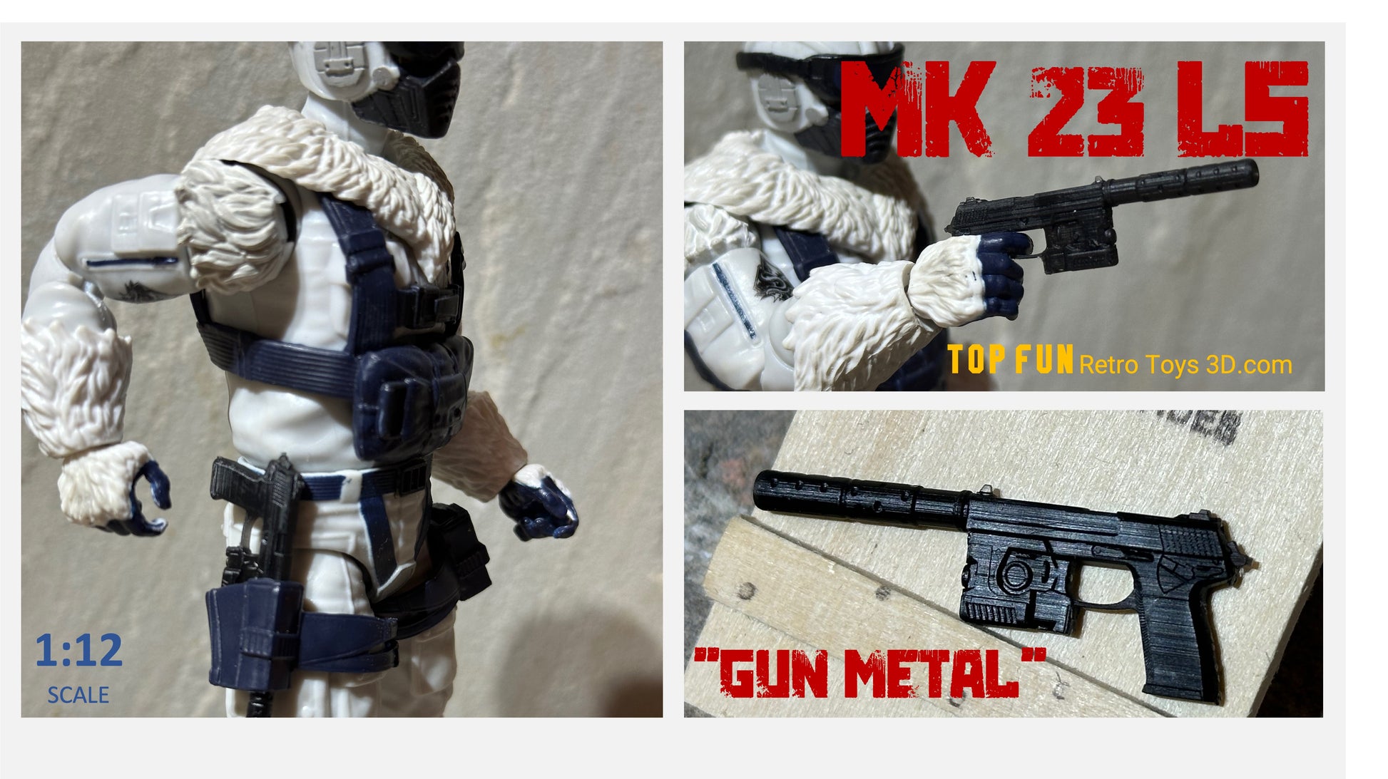 custom gi joe accessories, 1 : 12 scale, custom toy weapons, tactical, action figure, gi Joe, classified, gun, valaverse, action force, 1 : 12, 1:12, 1/12, 1 12, 112, weapon, rifle, pistol Gridiron, studios, Call of Duty, glock, HK, mk 23, usp,sig, pistol, suppress, optic, hand gun, gi joe classified custom accessories