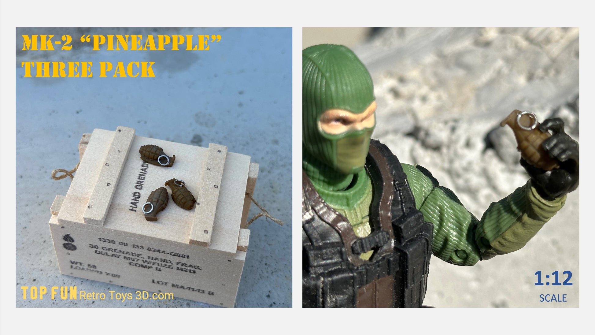 gi Joe, classified, gun, gi joe classified series, valaverse, action force, 1:12, 1:12 scale, 1/12, 1/12 scale, weapon, Marvel Legends, Gridiron, Gridiron studios, custom action figure, grenade, smoke, pineapple, pine, apple, m67, m18, mk2